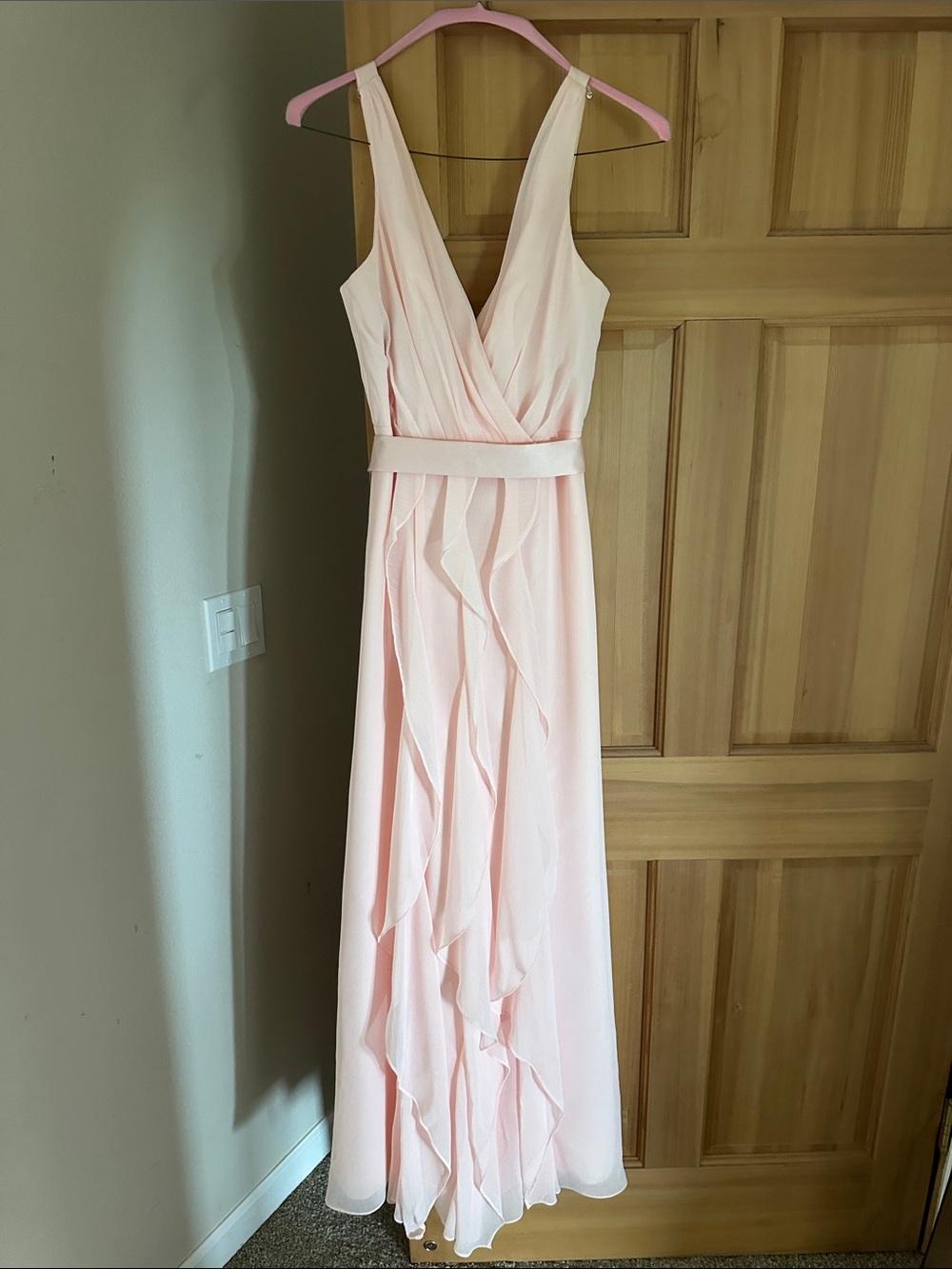 Blush Pink V-Neck Ruffled Maxi Dress, Bridesmaid dress
